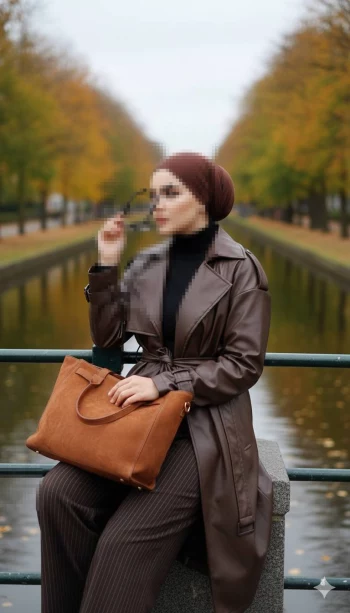 Elegant autumn portrait of a woman in a brown trench coat by a canal