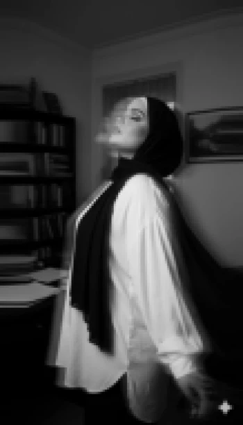 Elegant black and white portrait of a woman in motion wearing a hijab