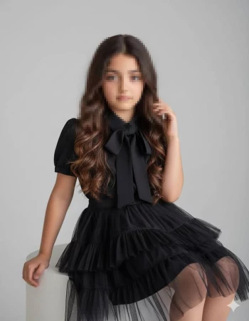 Elegant Black Tulle Dress Studio Portrait on Light Gray Background