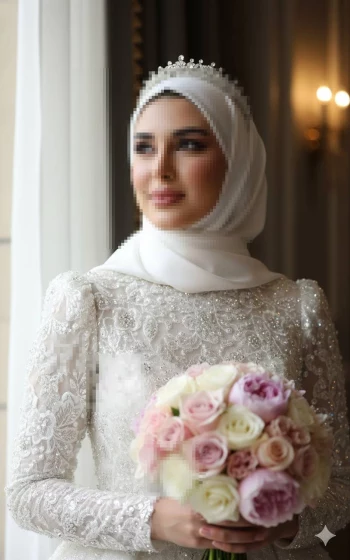Elegant bride in jeweled hijab holding pastel rose bouquet by window