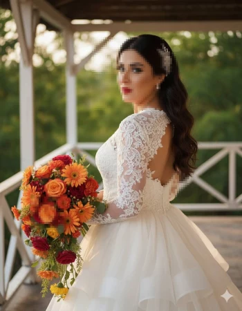 Elegant bride in lace gown holding bouquet of orange and red flowers outdoors