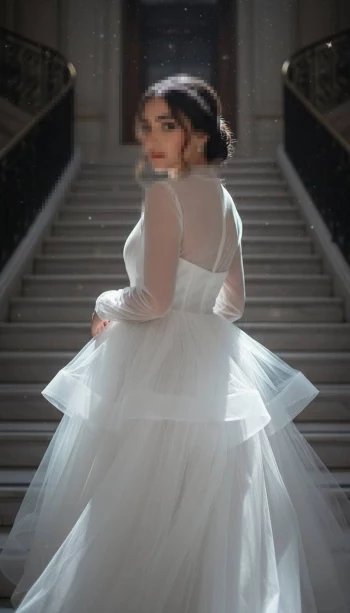 Elegant bride in white gown standing on grand staircase under soft sunlight