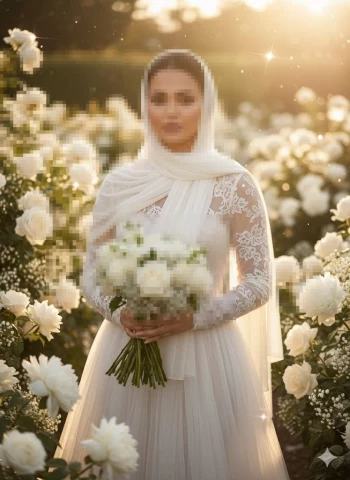 Elegant Bride in White Lace Dress Holding Roses in Sunlit Garden