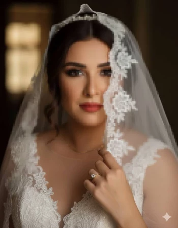 Elegant bride in white lace wedding dress with floral veil and pearl headpiece