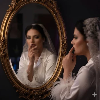 Elegant Bride Reflecting in Golden Mirror Before Wedding Ceremony