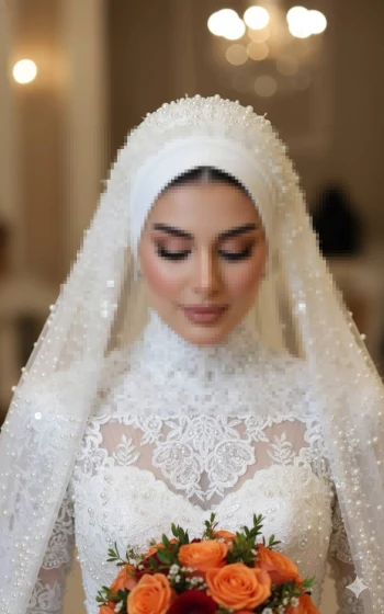 Elegant bride wearing pearl-detailed white hijab and lace gown holding orange roses