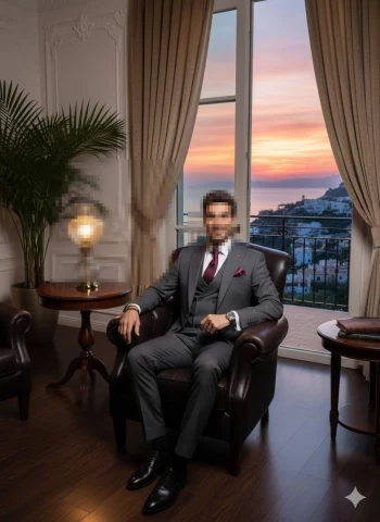 Elegant businessman in grey suit relaxing in luxury office with sunset view