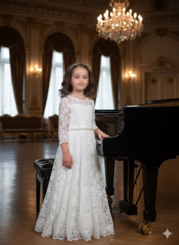 Elegant Girl in White Lace Dress Standing Beside Grand Piano in Ballroom