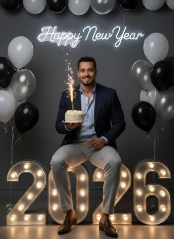 Elegant Happy New Year 2026 Portrait with Cake, Balloons, and Studio Lighting