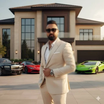 Elegant man in beige suit posing confidently with luxury cars in front of modern mansion