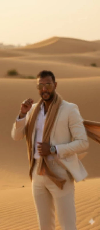 Elegant man in beige suit with scarf standing confidently in golden desert dunes
