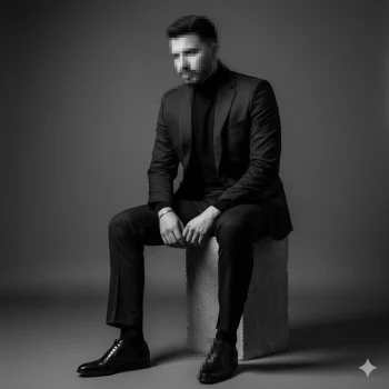 Elegant man in black suit and turtleneck sitting confidently in minimalist studio