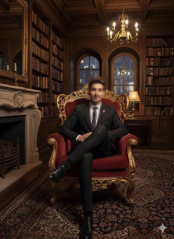 Elegant man in black suit sitting confidently in luxurious vintage library