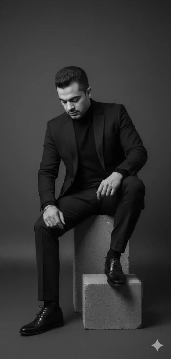 Elegant Man in Black Suit Sitting on Concrete Blocks in Minimalist Studio