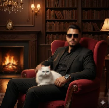 Elegant Man in Black Suit with White Cat by Fireplace in Classic Library