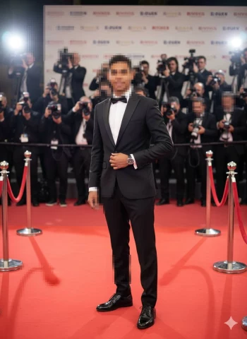 Elegant Man in Black Tuxedo Posing Confidently on the Red Carpet