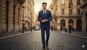 Elegant Man in Blue Suit Walking Confidently Down a European City Street
