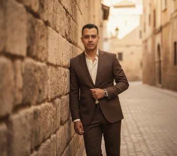 Elegant man in brown suit posing confidently beside old stone wall in sunlight
