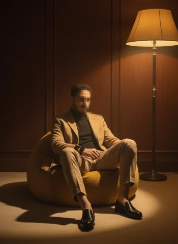 Elegant Man in Camel Blazer Sitting Under Warm Light in Stylish Room