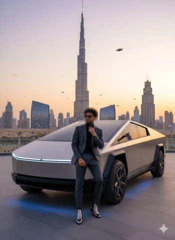 Elegant Man in Grey Suit Standing Beside Futuristic Car in Dubai Skyline