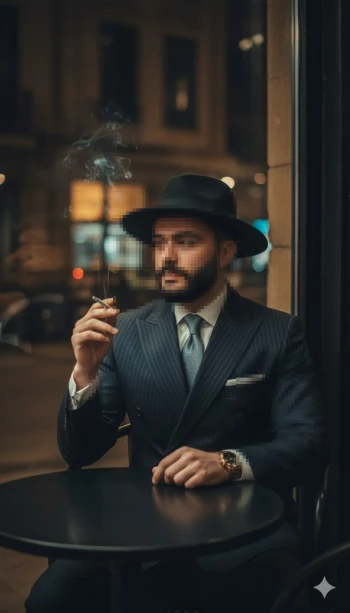 Elegant man in pinstripe suit smoking at night in a stylish city café