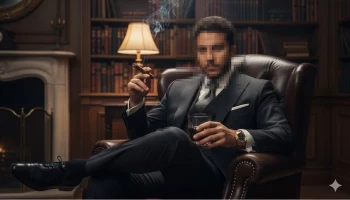 Elegant Man in Suit Smoking Cigar and Holding Whiskey in Classic Library