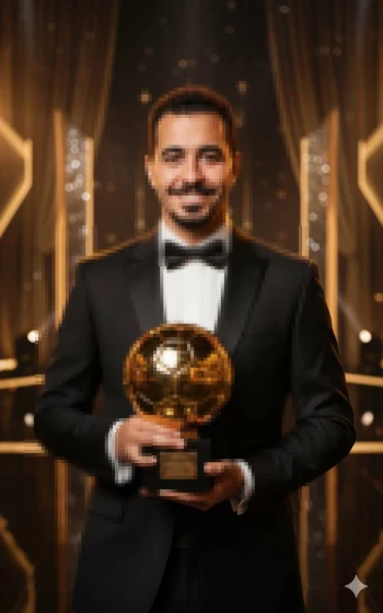 Elegant Man in Tuxedo Holding Golden Trophy on Glamorous Award Stage