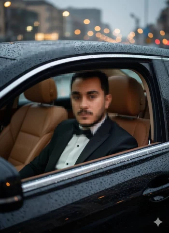 Elegant man in tuxedo sitting in luxury car on a rainy evening with city lights in the background