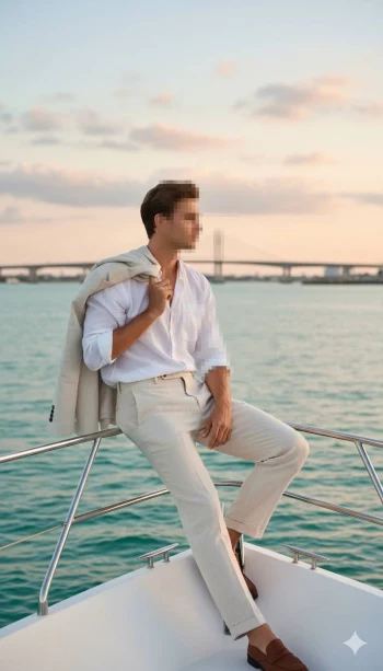 Elegant man in white linen outfit relaxing on a yacht at sunset
