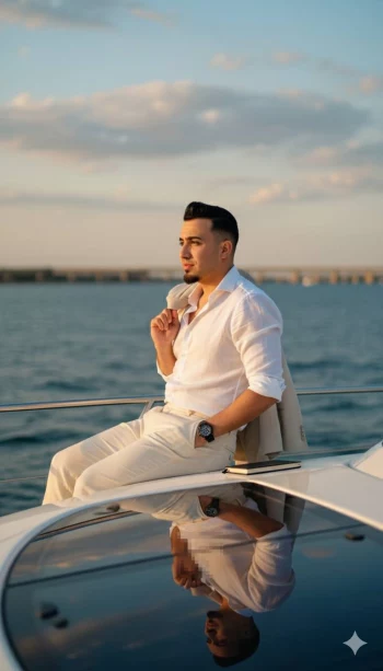 Elegant Man Relaxing on a Yacht at Sunset in Stylish White Outfit