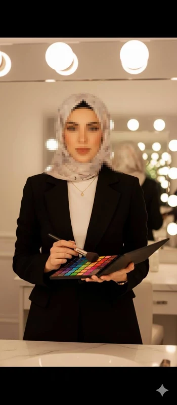 Elegant Muslim makeup artist holding colorful palette in a bright vanity studio