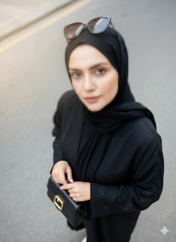 Elegant Muslim woman in black abaya and hijab standing confidently on the street