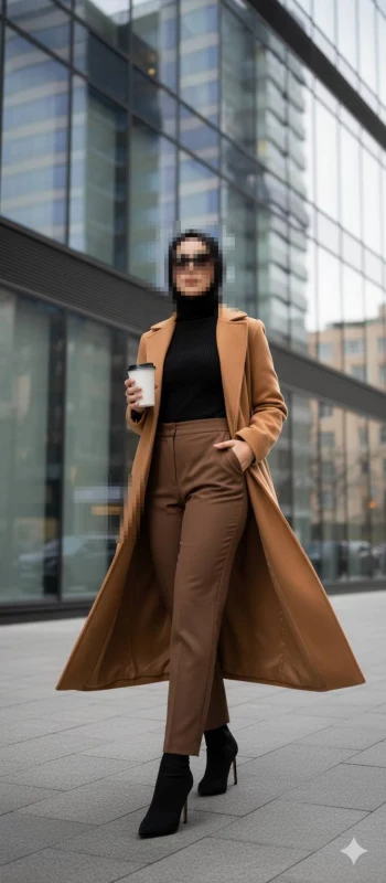 Elegant Muslim woman in camel coat and black hijab walking through modern city