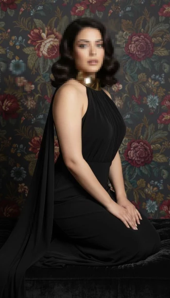 Elegant Portrait of a Woman in a Black Gown with Floral Background