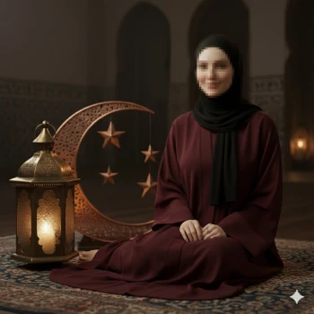 Elegant Ramadan Portrait of a Woman Sitting Beside a Lantern and Crescent Decor