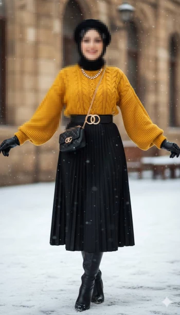 Elegant winter outfit featuring a mustard knit sweater and black pleated skirt