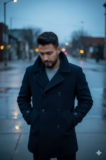 Elegant Winter Street Portrait of a Man in a Navy Overcoat