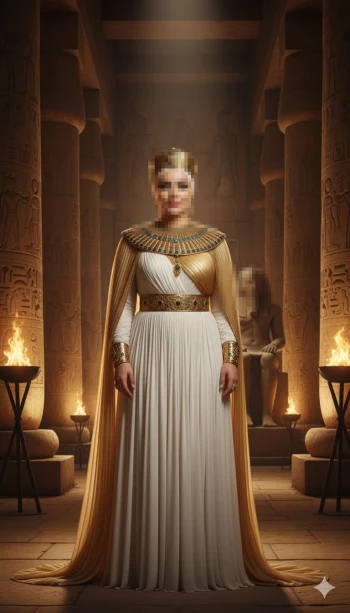 Elegant woman dressed as Egyptian queen standing in ancient temple with torches