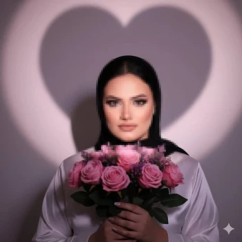 Elegant Woman Holding Pink Roses with Heart Shadow Background
