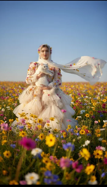 Elegant Woman Holding White Cat in Colorful Flower Field Under Blue Sky