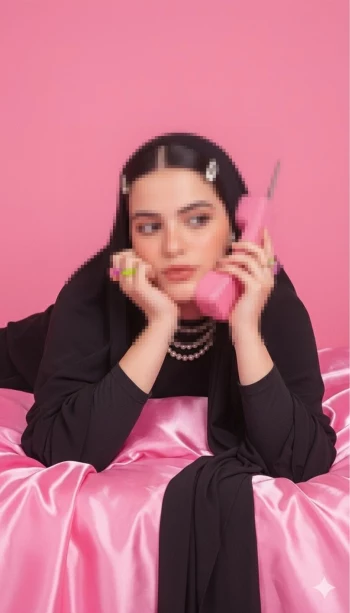 Elegant woman in abaya with pink retro phone on satin bed