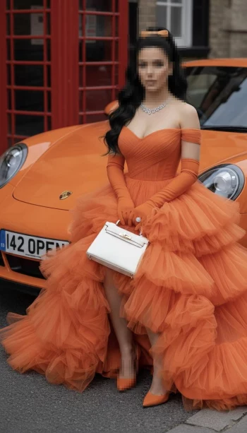Elegant Woman in an Orange Gown Posing Beside a Luxury Sports Car