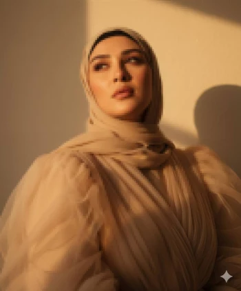 Elegant woman in beige hijab and tulle dress under warm golden sunlight