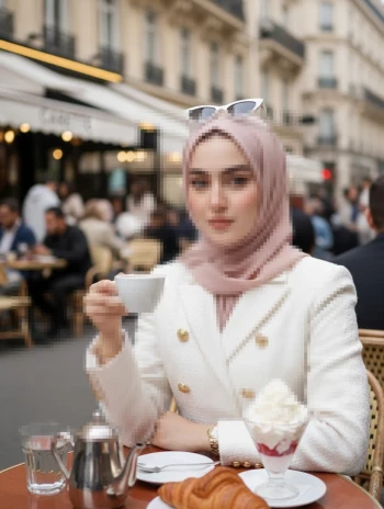 Elegant woman in beige hijab enjoying coffee at a Parisian outdoor café