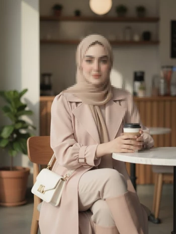 Elegant Woman in Beige Hijab Sitting at Café Table Holding Coffee Cup