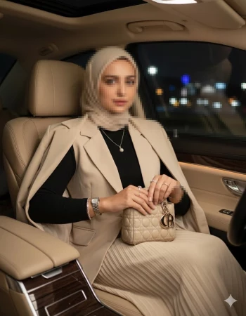 Elegant woman in beige hijab sitting in luxury car holding stylish handbag