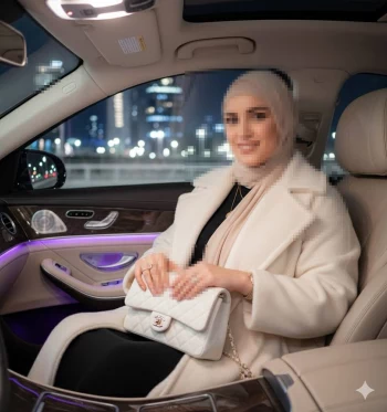 Elegant Woman in Beige Hijab Sitting Inside Luxury Car at Night