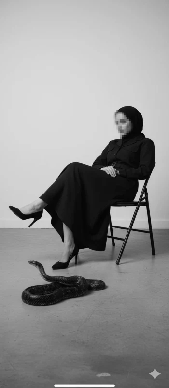 Elegant Woman in Black Abaya Sitting Calmly Beside a Snake in Monochrome Studio