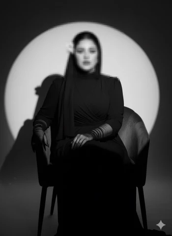 Elegant Woman in Black Abaya Sitting Under Spotlight in Classic Black and White Portrait