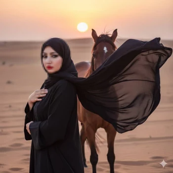 Elegant Woman in Black Abaya Standing with Horse at Sunset in Desert
